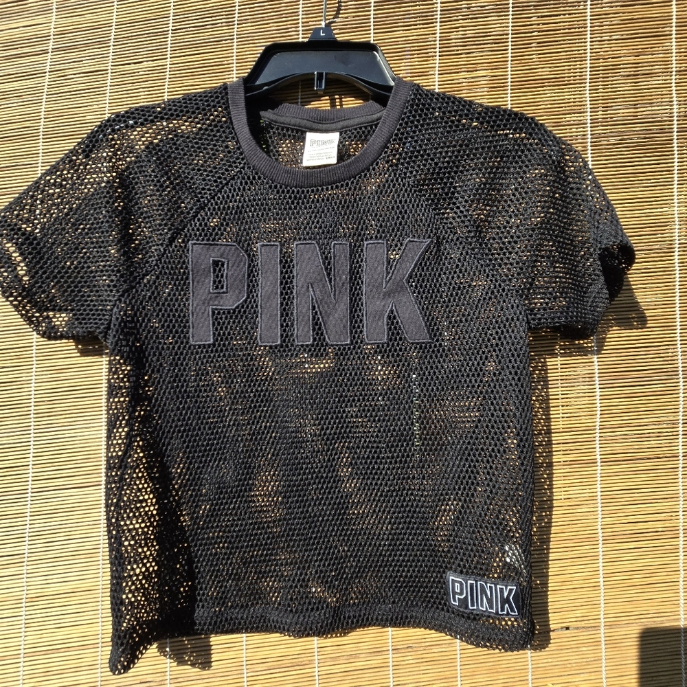 VS Pink Logo Mesh black Short Sleeved Top XS